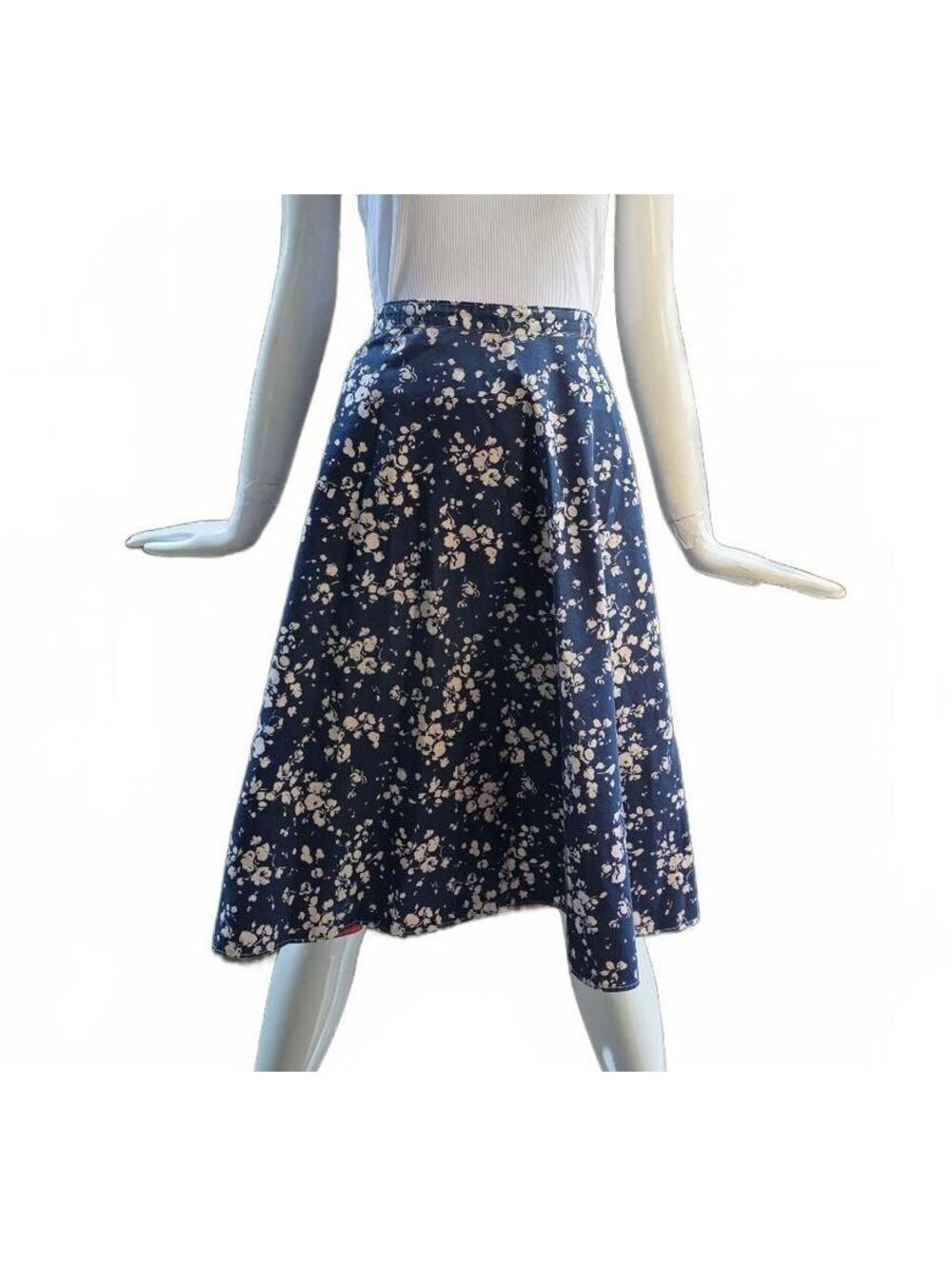 Handmade Reversible Floral Midi Skirt Rust Orange Navy Blue 2-in- 1 A-Line Large